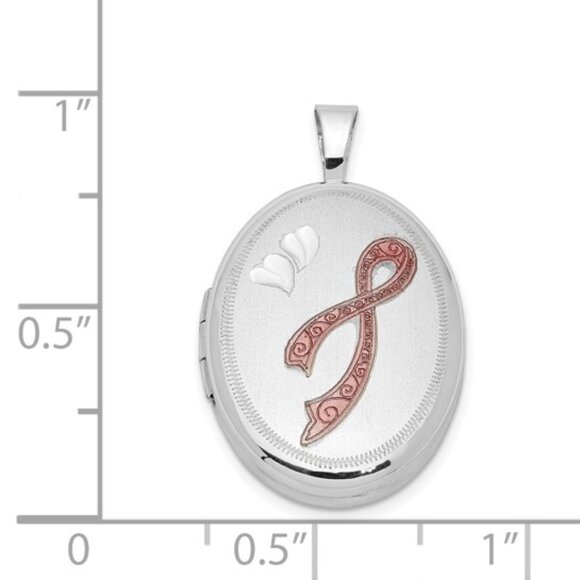 925 Sterling Silver Pink Enamel Ribbon 19mm Oval Locket Cancer Awareness Pendant - Picture 4 of 5